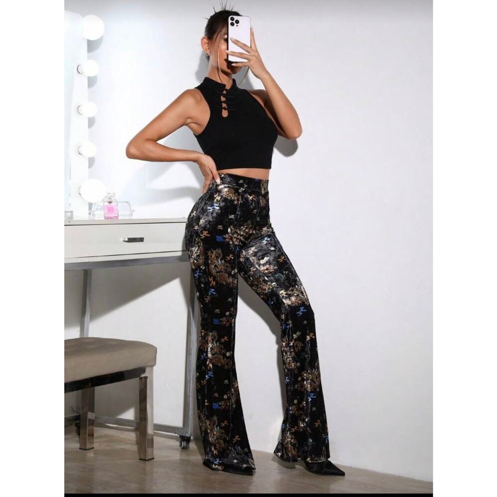 Black Velvet Dragon Print Bell Bottom Pants Festival Y2K Boho Witch Flare - Picture 10 of 10
